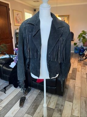 Vintage Fringed leather Jacket - Black